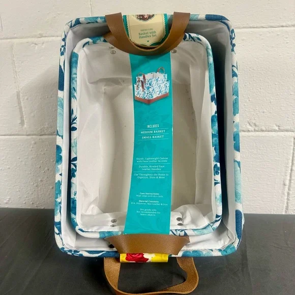 NWT! The Pioneer Woman Blue Floral Basket with Brown Handles - Picture 3 of 5